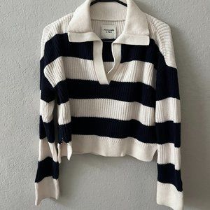 Abercrombie and Fitch Navy and Cream Striped Shawl Collared Sweater XS